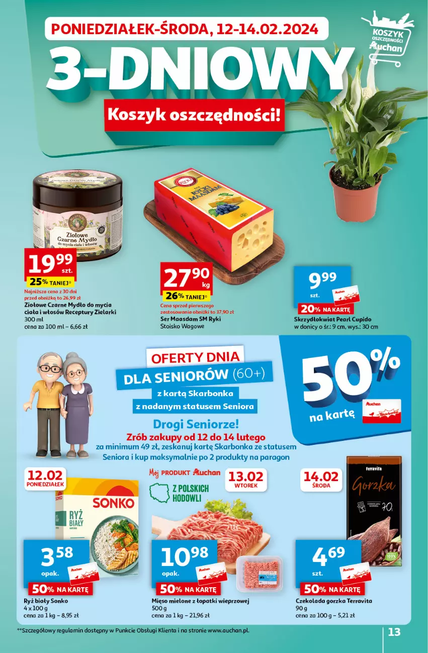 Gazetka promocyjna Auchan - Gazetka Z miłości do okazji Hipermarket Auchan - ważna 08.02 do 14.02.2024 - strona 13 - produkty: Czekolada, Czekolada gorzka, Kosz, Maasdam, Mięso, Mięso mielone, Mięso mielone z łopatki wieprzowej, Mydło, Ryż, Ryż biały, Ser, Sonko