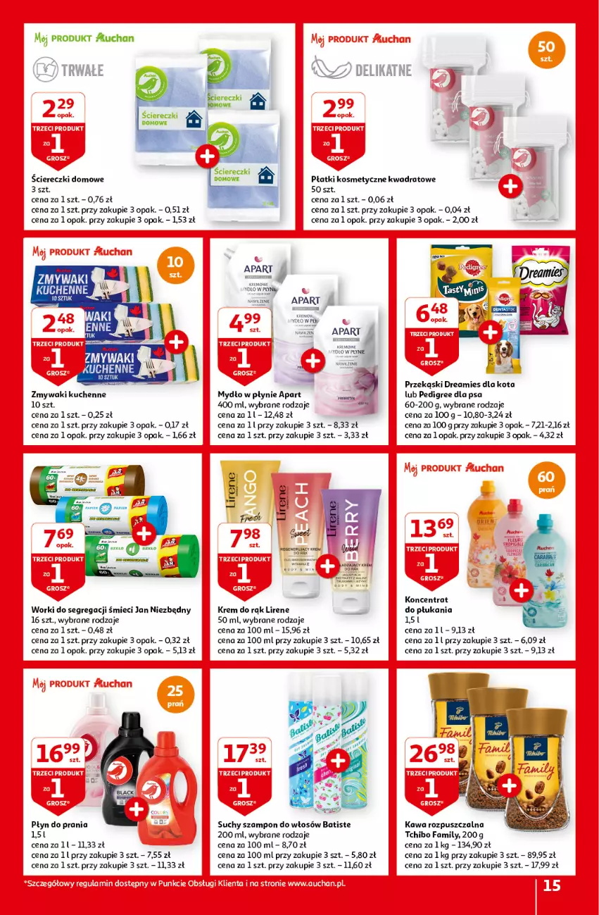 Gazetka promocyjna Auchan - Gazetka Z miłości do okazji Hipermarket Auchan - ważna 08.02 do 14.02.2024 - strona 15 - produkty: Batiste, Fa, Jan Niezbędny, Kawa, Kawa rozpuszczalna, Krem do rąk, Lirene, Mydło, Mydło w płynie, Pedigree, Płatki kosmetyczne, Płyn do prania, Suchy szampon, Szampon, Tchibo, Tchibo Family, Zmywaki kuchenne