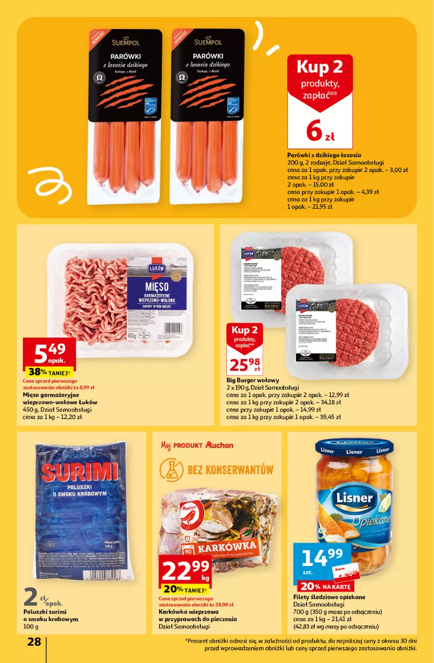 Gazetka promocyjna Auchan - Gazetka Z miłości do okazji Hipermarket Auchan - ważna 08.02 do 14.02.2024 - strona 28 - produkty: Burger, Karkówka wieprzowa, LG, Mięso, Mięso garmażeryjne, Parówki, Piec, Sos, Suempol, Surimi