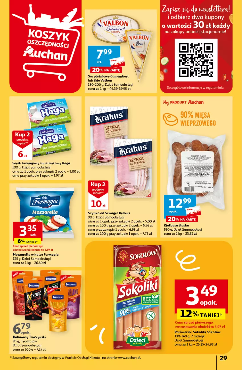 Gazetka promocyjna Auchan - Gazetka Z miłości do okazji Hipermarket Auchan - ważna 08.02 do 14.02.2024 - strona 29 - produkty: Brie, Camembert, Gra, Kabanos, Kiełbasa, Kiełbasa śląska, Krakus, Mozzarella, Ser, Ser pleśniowy, Serek, Serek twarogowy, Sok, Sokołów, Szynka, Tarczyński