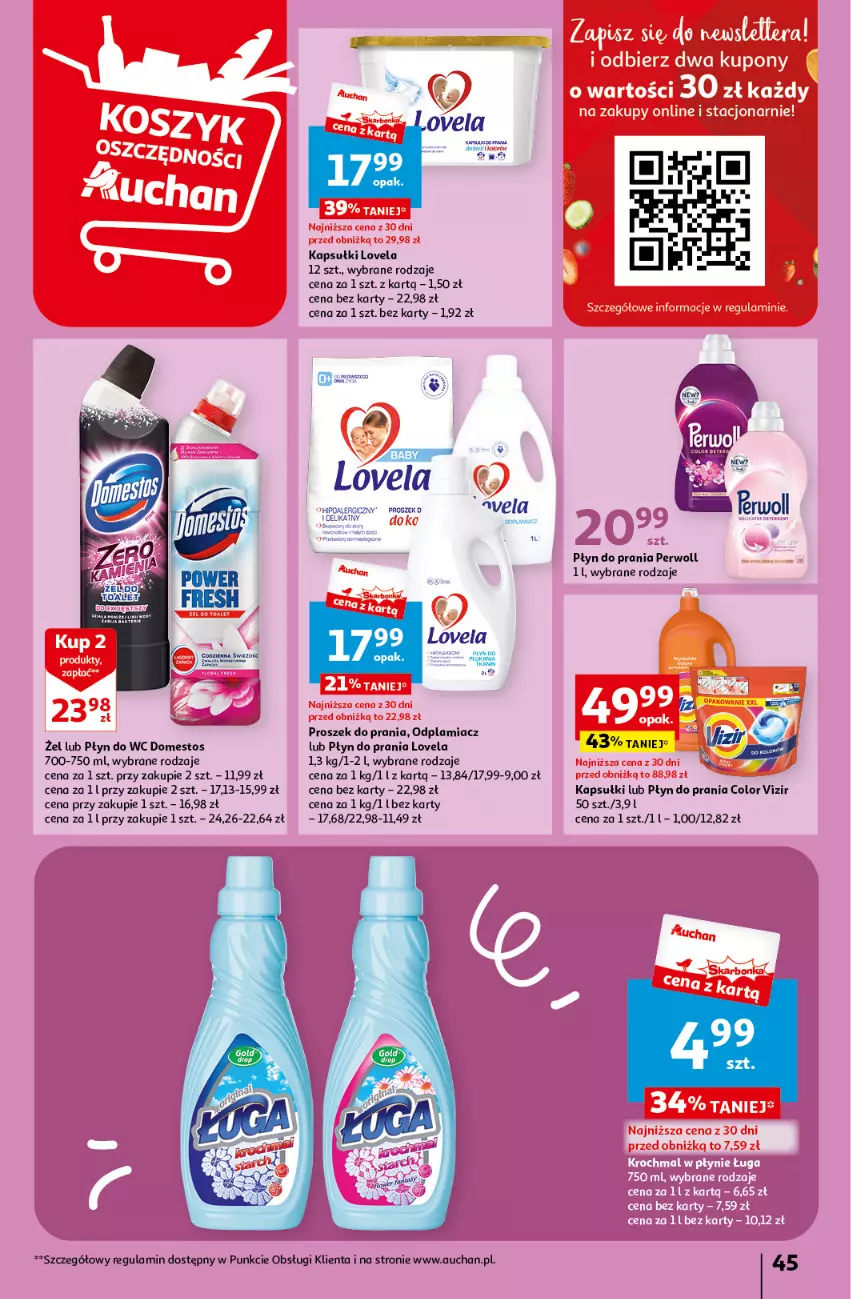 Gazetka promocyjna Auchan - Gazetka Z miłości do okazji Hipermarket Auchan - ważna 08.02 do 14.02.2024 - strona 45 - produkty: Domestos, Lovela, Odplamiacz, Perwoll, Płyn do prania, Płyn do wc, Proszek do prania, Vizir