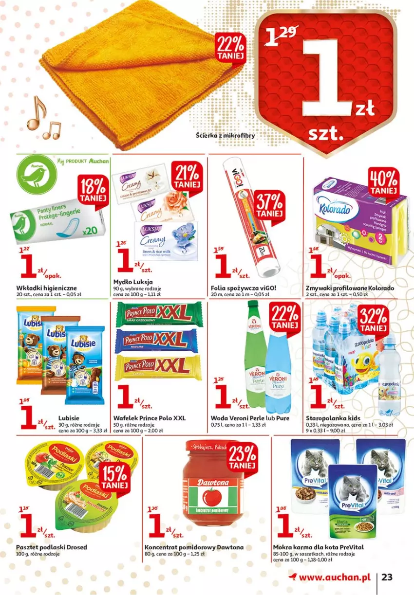 Gazetka promocyjna Auchan - 25 Urodziny #3 Hipermarkety - ważna 06.05 do 13.05.2021 - strona 23 - produkty: Dawtona, Kolorado, Koncentrat pomidorowy, Lubisie, Luksja, Mokra karma, Mydło, Pasztet, Podlaski, Prince Polo, Pur, Staropolanka, Wafelek, Wkładki, Woda