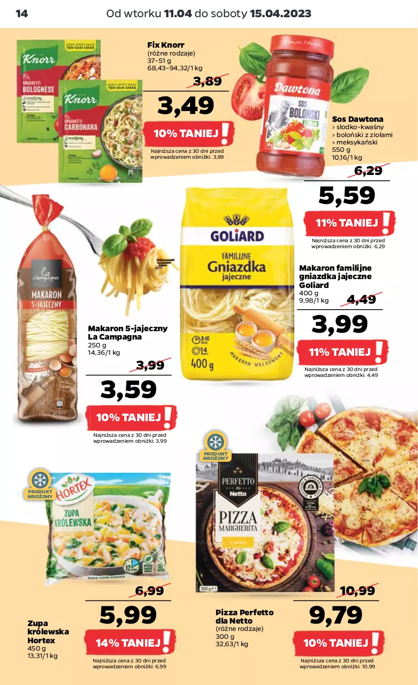 Gazetka promocyjna Netto - Artykuły spożywcze - ważna 11.04 do 15.04.2023 - strona 14 - produkty: Dawtona, Fa, Goliard, Hortex, Knorr, Makaron, Pizza, Sos, Zupa