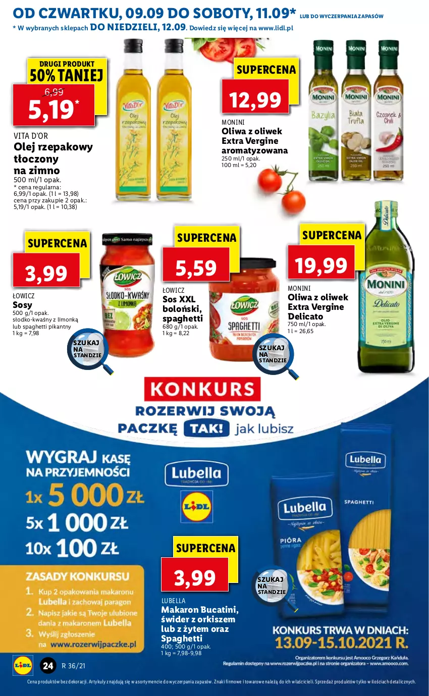 Gazetka promocyjna Lidl - GAZETKA - ważna 09.09 do 12.09.2021 - strona 24 - produkty: Bell, Bella, Gin, Lubella, Makaron, Monini, Olej, Olej rzepakowy, Oliwa z oliwek, Sos, Spaghetti