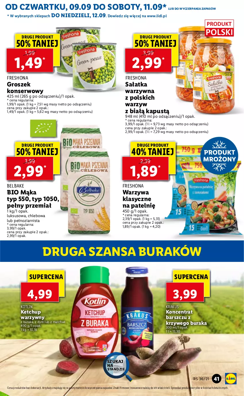 Gazetka promocyjna Lidl - GAZETKA - ważna 09.09 do 12.09.2021 - strona 41 - produkty: Chleb, Groszek, Kapustą, Ketchup, Kotlin, Krakus, Mąka, Sałat, Sałatka, Sałatka warzywna, Ser, Warzywa