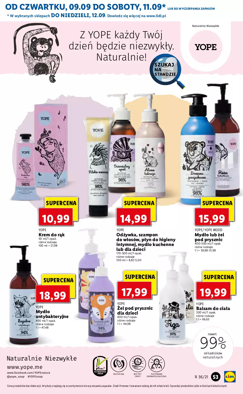 Gazetka promocyjna Lidl - GAZETKA - ważna 09.09 do 12.09.2021 - strona 53 - produkty: Balsam do ciała, Dzieci, Krem do rąk, Mydło, Odżywka, Płyn do higieny intymnej, Szampon, Yope