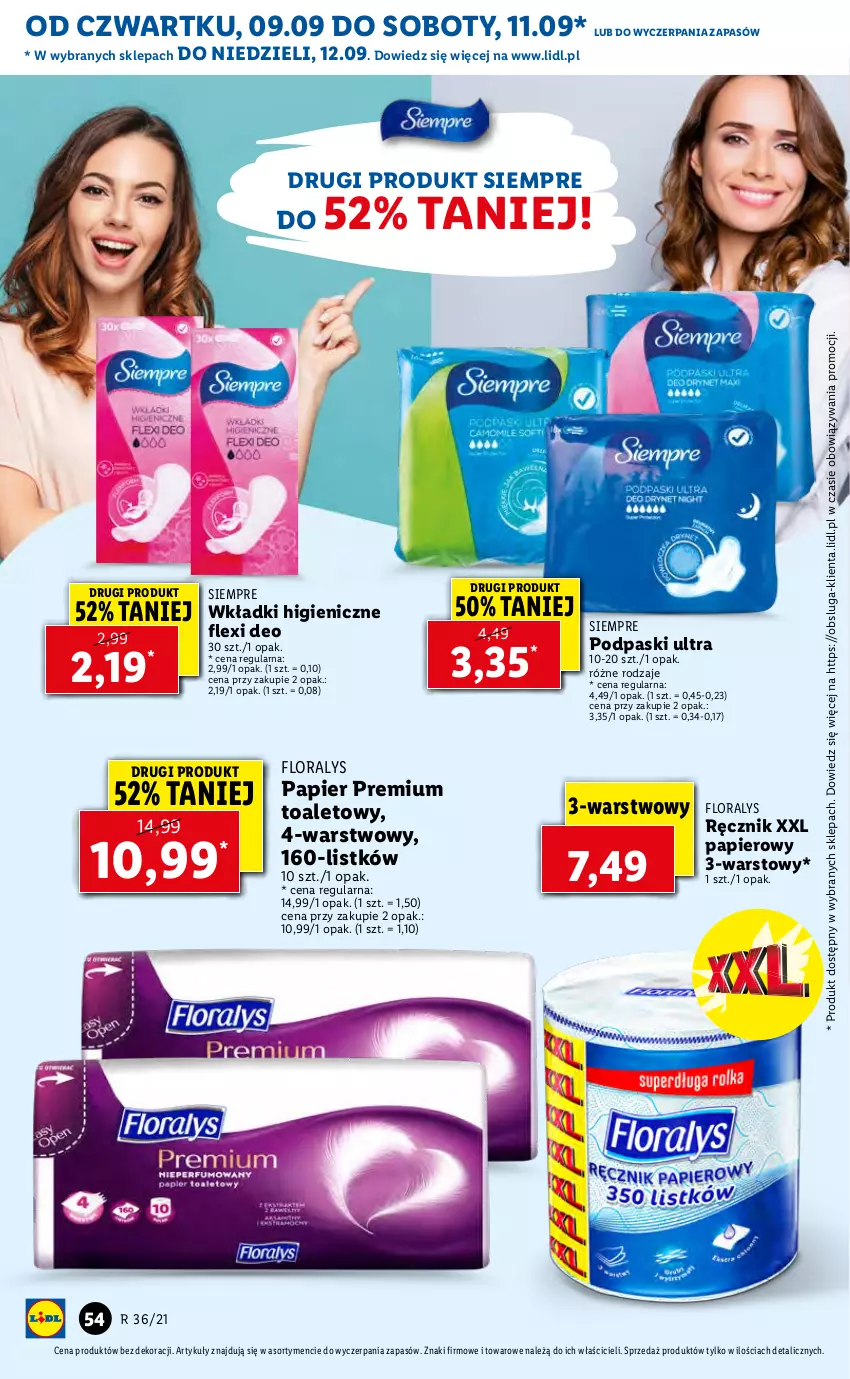 Gazetka promocyjna Lidl - GAZETKA - ważna 09.09 do 12.09.2021 - strona 54 - produkty: Flora, Papier, Podpaski, Ręcznik, Wkładki