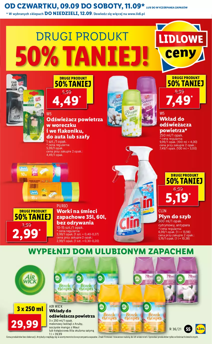 Gazetka promocyjna Lidl - GAZETKA - ważna 09.09 do 12.09.2021 - strona 55 - produkty: Air Wick, Clin, Mango, Melon, Odświeżacz powietrza, Płyn do szyb, Pur, Worki na śmiec, Worki na śmieci