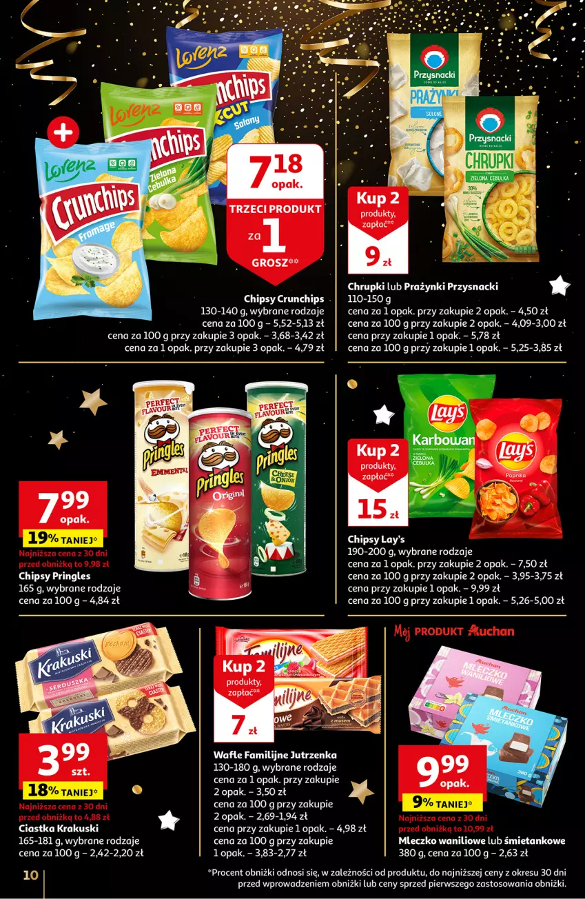 Gazetka promocyjna Auchan - Gazetka Moc Okazji na Nowy Rok 2024 Hipermarket Auchan - ważna 27.12 do 30.12.2023 - strona 10 - produkty: Chipsy, Chrupki, Ciastka, Crunchips, Fa, Jutrzenka, Krakus, Krakuski, Mleczko, Pringles, Przysnacki, Wafle