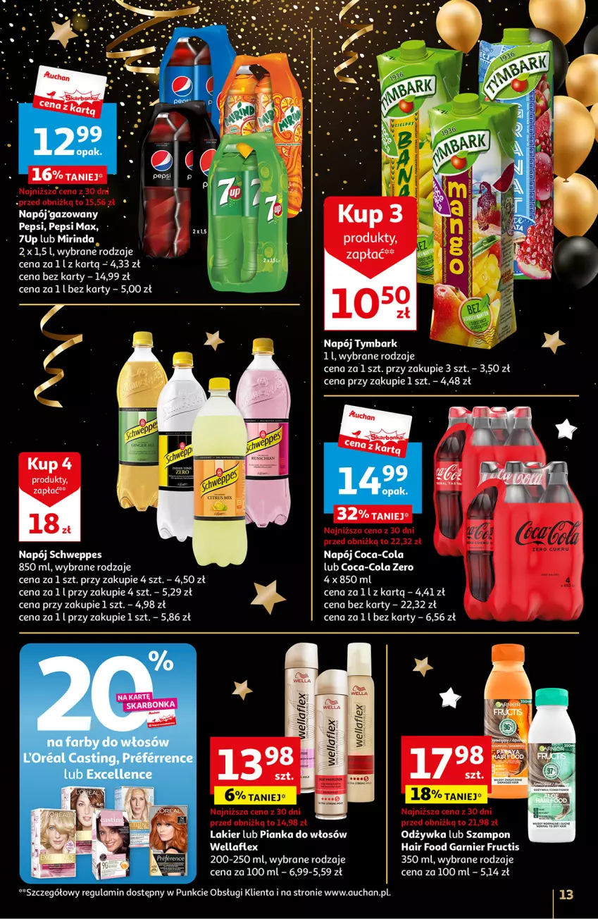 Gazetka promocyjna Auchan - Gazetka Moc Okazji na Nowy Rok 2024 Hipermarket Auchan - ważna 27.12 do 30.12.2023 - strona 13 - produkty: Coca-Cola, Fructis, Garnier, Lakier, Napój, Odżywka, Pepsi, Pepsi max, Pianka do włosów, Schweppes, Szampon, Tymbark, Wella, Wellaflex