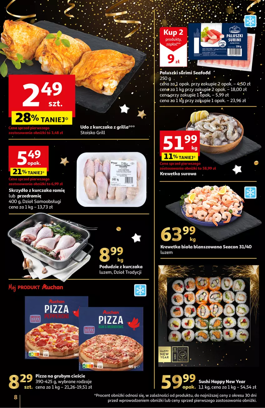 Gazetka promocyjna Auchan - Gazetka Moc Okazji na Nowy Rok 2024 Hipermarket Auchan - ważna 27.12 do 30.12.2023 - strona 8 - produkty: Grill, Kurczak, Pizza, Ser, Surimi, Sushi, Udo z kurczaka