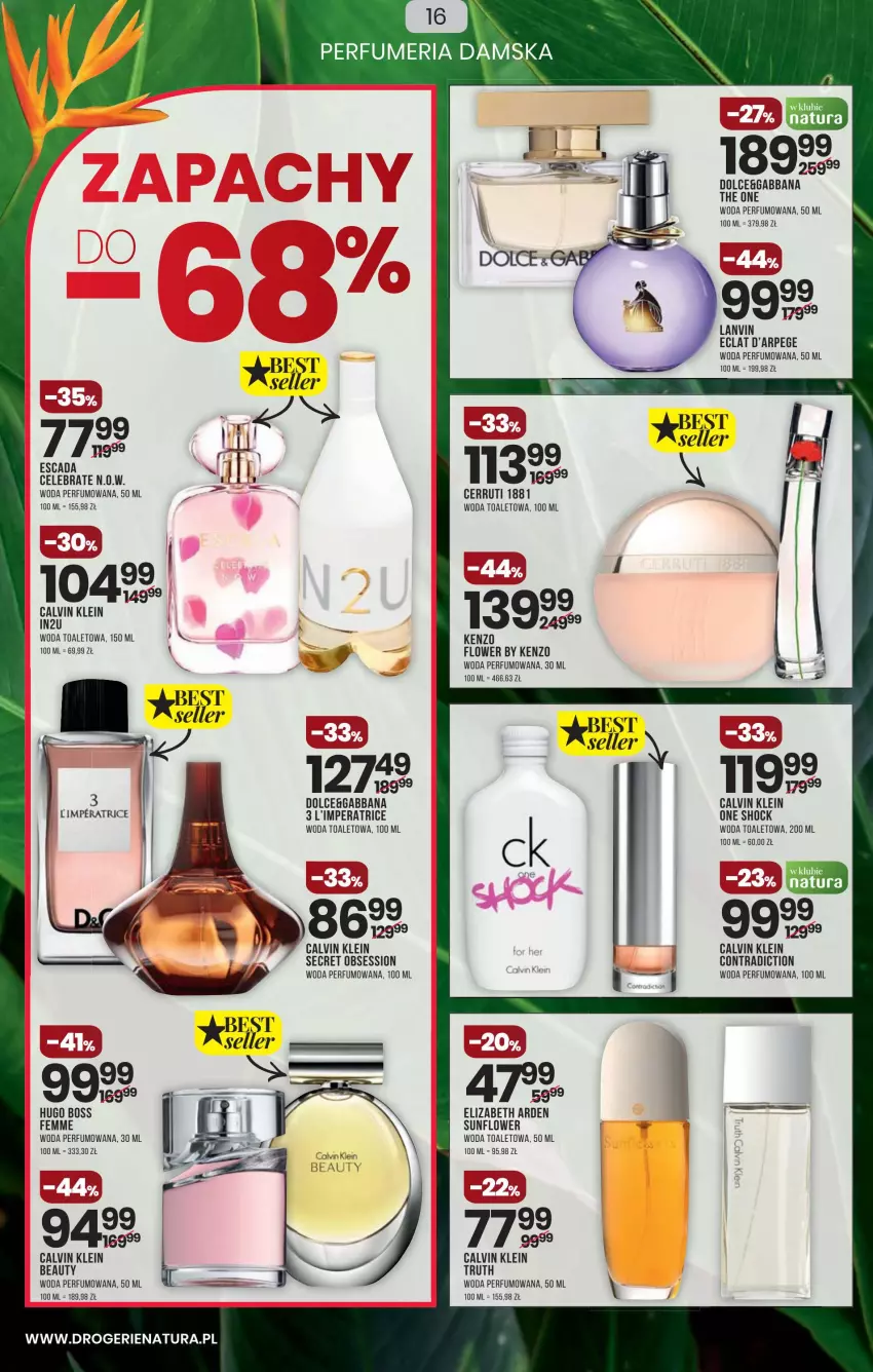 Gazetka promocyjna Drogerie Natura - Gazetka Drogerie Natura - ważna 24.03 do 10.04.2022 - strona 16 - produkty: Calvin Klein, Cerruti, Elizabeth Arden, Escada, Hugo Boss, Kenzo, Lanvin, Perfum, SESSIO, The ONE, Woda, Woda perfumowana, Woda toaletowa