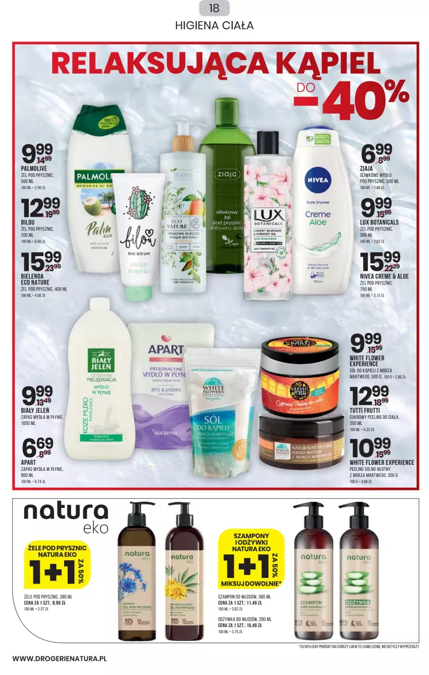 Gazetka promocyjna Drogerie Natura - Gazetka Drogerie Natura - ważna 24.03 do 10.04.2022 - strona 18 - produkty: Bielenda, Cukrowy peeling, Mydło, Nivea, Odżywka, Palmolive, Peeling, Sól, Sól do kąpieli, Szampon, Zapas mydła w płynie, Ziaja