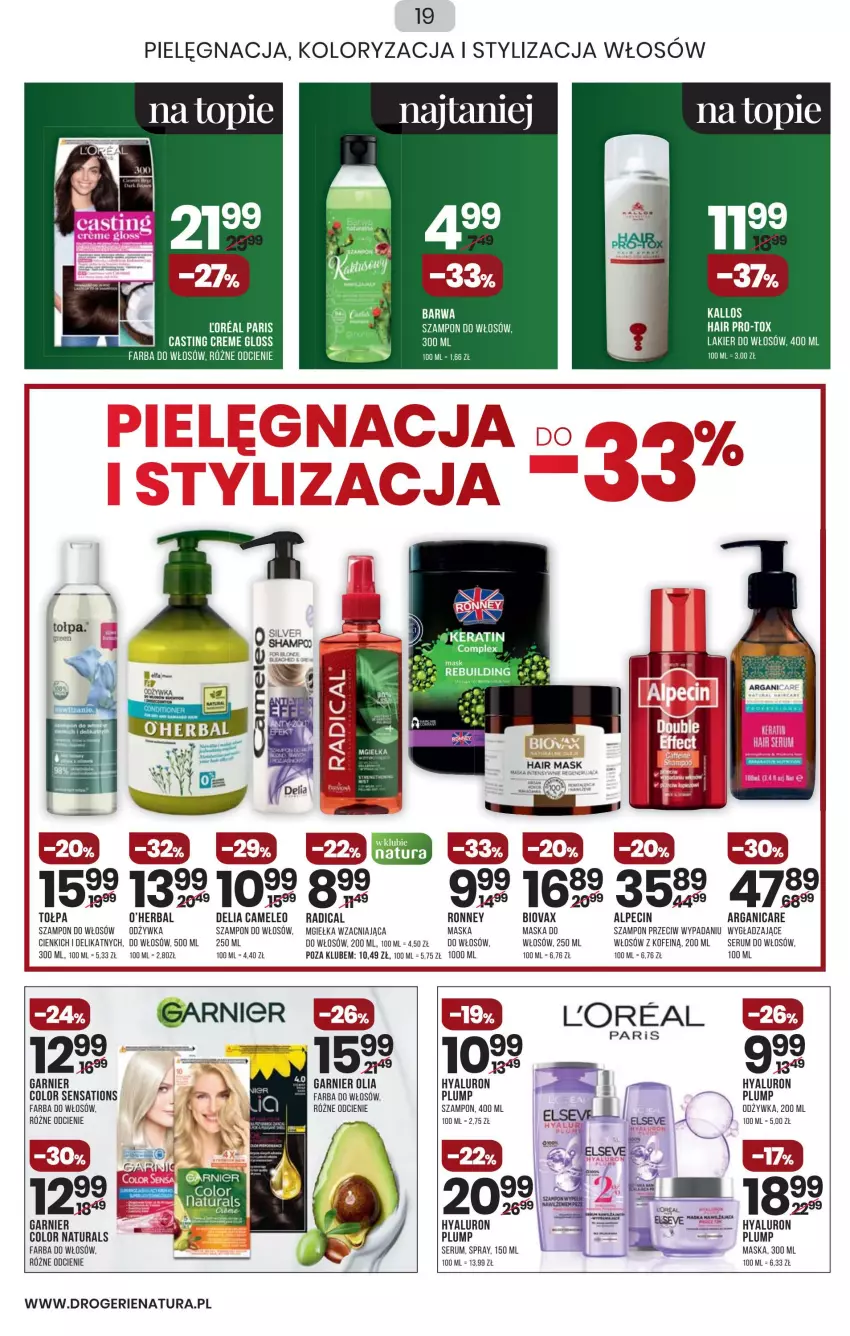 Gazetka promocyjna Drogerie Natura - Gazetka Drogerie Natura - ważna 24.03 do 10.04.2022 - strona 19 - produkty: Alpecin, Arganicare, Biovax, Eleo, Fa, Farba do włosów, Garnier, Kallos, Lakier, Lakier do włosów, Maska, Maska do włosów, Odżywka, Rum, Sati, Ser, Serum, Serum do włosów, Szampon, Tołpa, Top