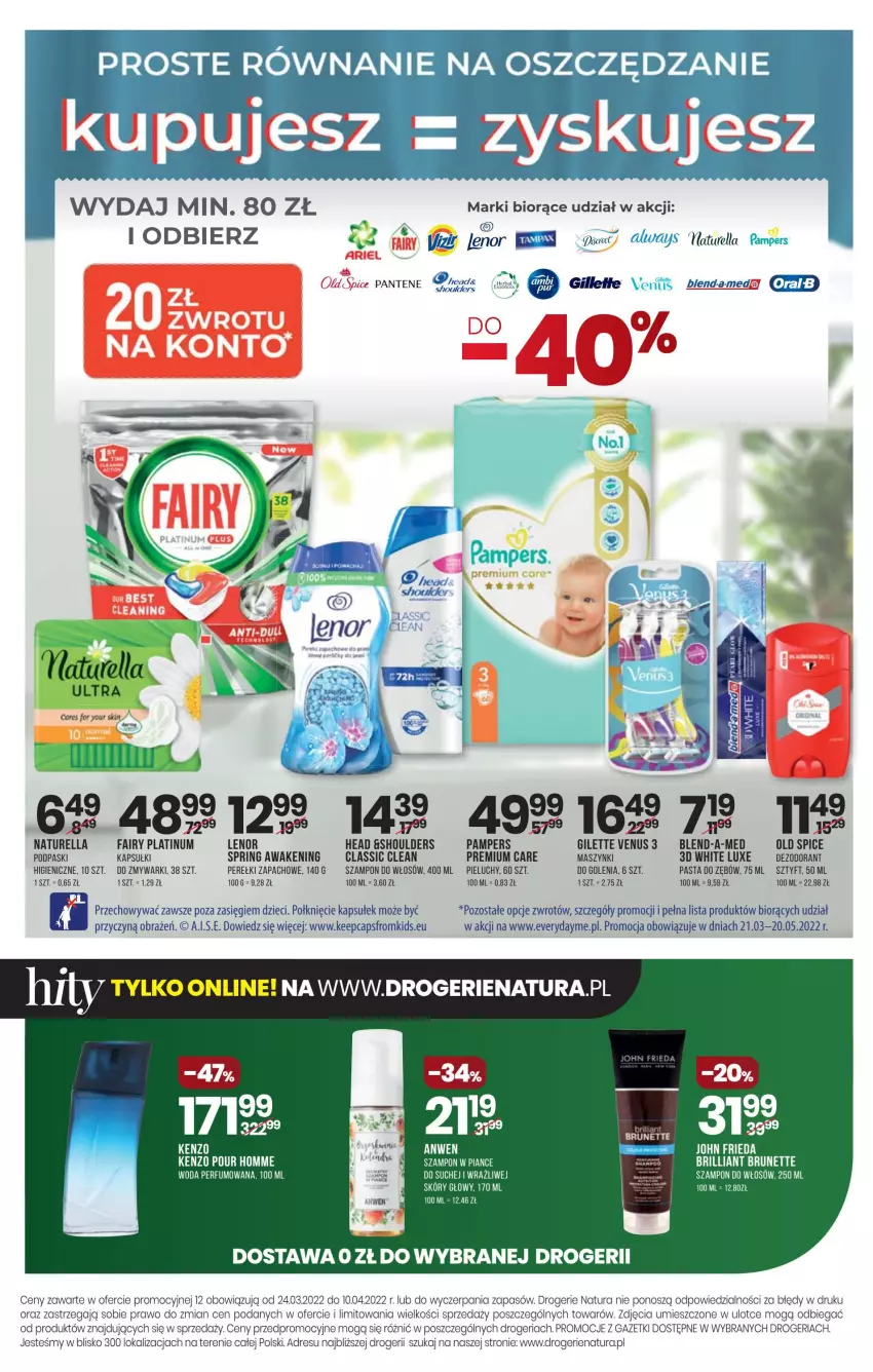 Gazetka promocyjna Drogerie Natura - Gazetka Drogerie Natura - ważna 24.03 do 10.04.2022 - strona 26 - produkty: Ariel, Blend-a-Med, Dezodorant, Dres, Dzieci, Fa, Fairy, JBL, John frieda, Kenzo, Lenor, Naturell, Naturella, Old Spice, Pampers, Pantene, Pasta do zębów, Perełki zapachowe, Perfum, Pieluchy, Podpaski, Szampon, Venus, Woda, Woda perfumowana, Zmywarki