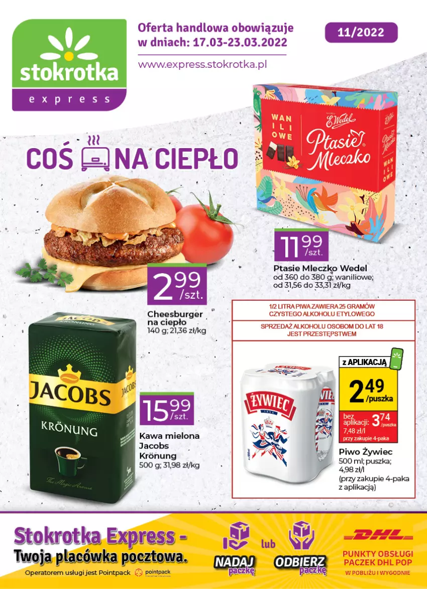 Gazetka promocyjna Stokrotka - Stokrotka Express - ważna 17.03 do 23.03.2022 - strona 1 - produkty: Burger, Jacobs, Kawa, Kawa mielona, Mleczko, Piwo, Ptasie mleczko