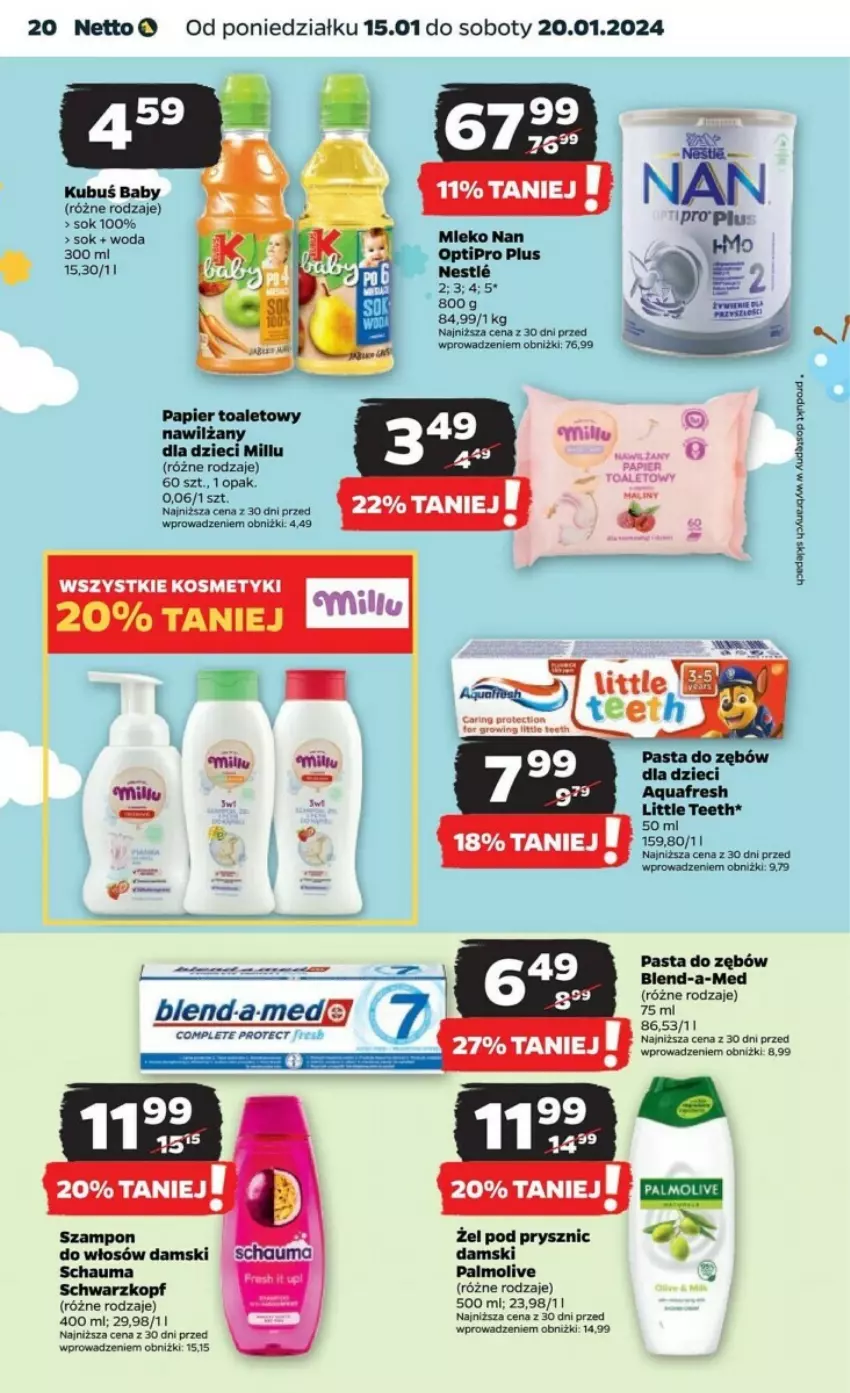 Gazetka promocyjna Netto - ważna 15.01 do 20.01.2024 - strona 13 - produkty: Aquafresh, Bref, Dzieci, Fa, Kubuś, Maliny, Mleko, Palmolive, Papier, Papier toaletowy, Pasta do zębów, Schauma, Schwarzkopf, Sok, Woda