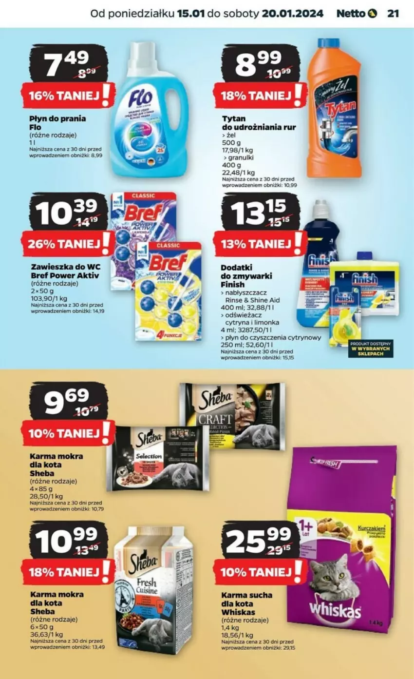 Gazetka promocyjna Netto - ważna 15.01 do 20.01.2024 - strona 14 - produkty: Bref, Finish, Gra, Limonka, Mokra karma, Płyn do prania, Sheba, Tytan, Whiskas, Zawieszka do wc, Zmywarki