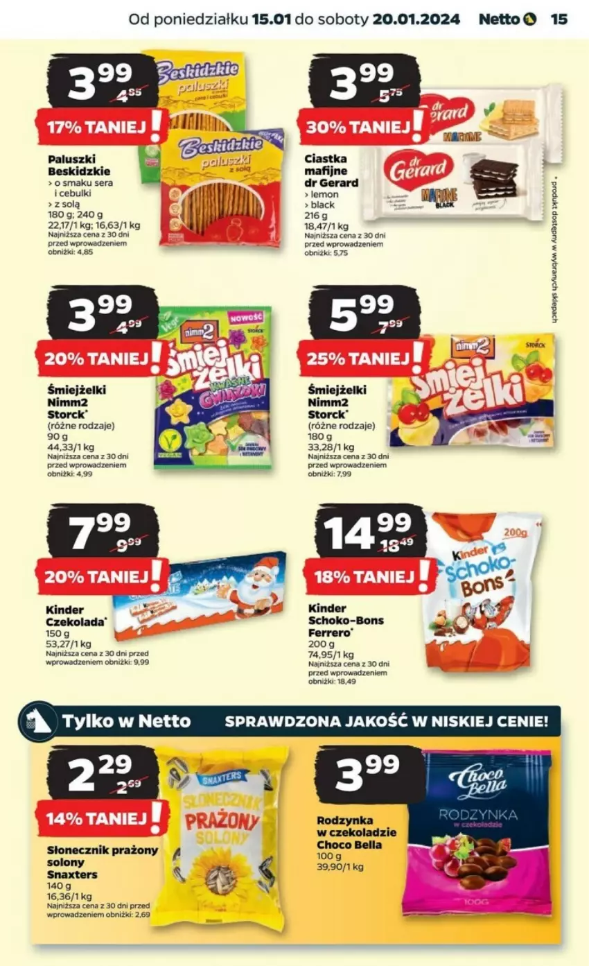 Gazetka promocyjna Netto - ważna 15.01 do 20.01.2024 - strona 7 - produkty: Bell, Bella, Beskidzki, Ciastka, Czekolada, Dr Gerard, Ferrero, Kinder, Nimm2, Ser, Słonecznik prażony