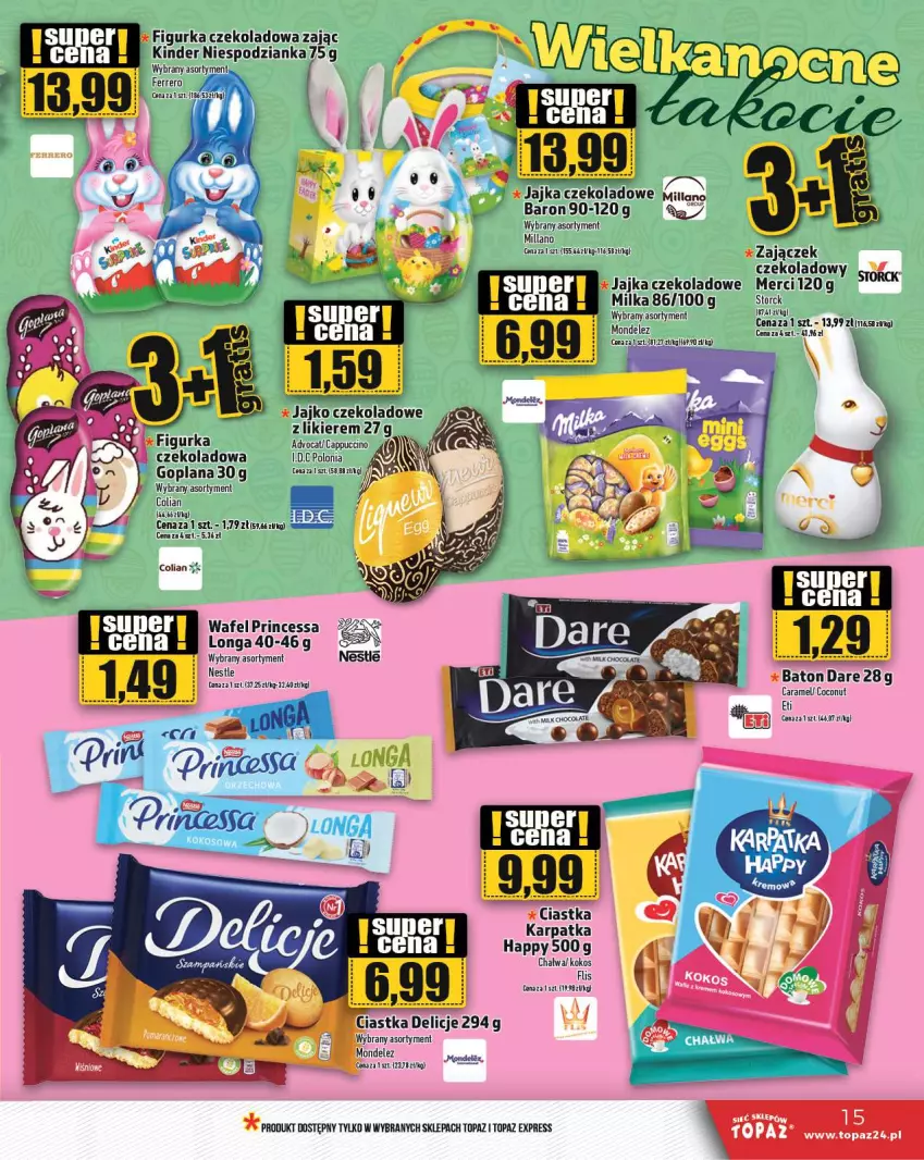 Gazetka promocyjna Topaz - Gazetka - ważna 07.03 do 13.03.2024 - strona 15 - produkty: Cappuccino, Ciastka, Delicje, Ferrero, Karp, Kinder, Kokos, LG, Likier, Merci, Milka, Mop, Princessa, Top