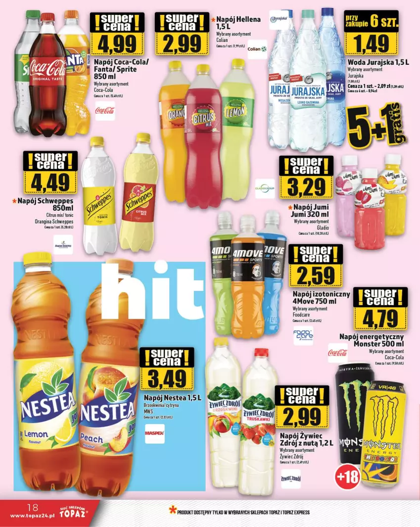 Gazetka promocyjna Topaz - Gazetka - ważna 07.03 do 13.03.2024 - strona 18 - produkty: Coca-Cola, Fa, Fanta, Gin, Koc, Napój, Napój energetyczny, Napój izotoniczny, Nestea, Por, Schweppes, Sport, Sprite, Top, Truskawki, Woda