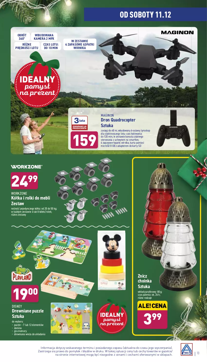 Gazetka promocyjna Aldi - Katalog Moda i Dom - ważna 08.12 do 12.12.2021 - strona 13 - produkty: Choinka, Disney, Dron, Gin, Gra, Inka, Kamera, Karta pamięci, Konsola, Puzzle, Rolki, Smartfon, Znicz