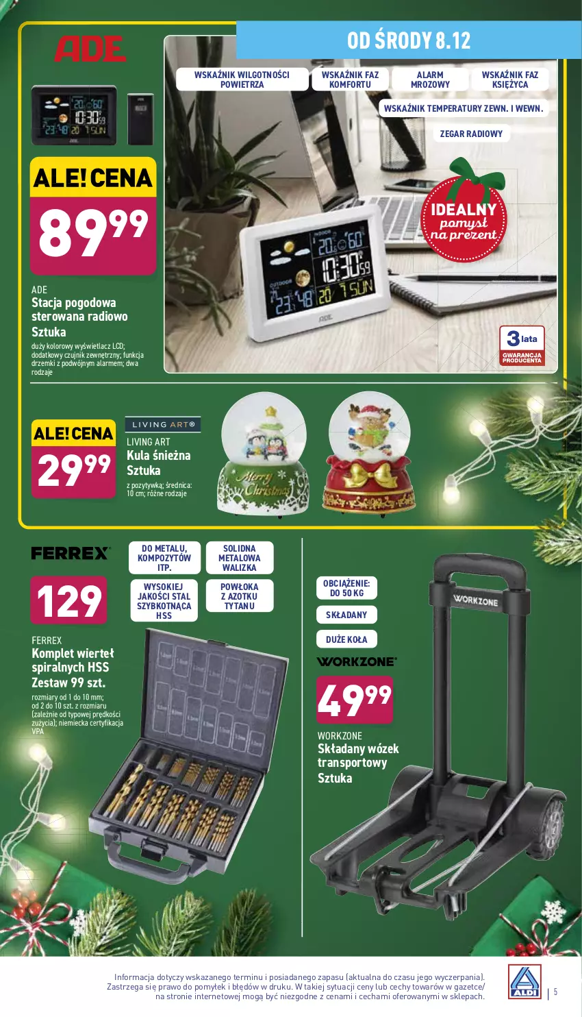 Gazetka promocyjna Aldi - Katalog Moda i Dom - ważna 08.12 do 12.12.2021 - strona 5 - produkty: Czujnik zewnętrzny, Fa, Kula śnieżna, LG, Por, Sok, Sport, Stacja pogodowa, Tran, Tytan, Walizka, Wózek, Wózek transportowy, Zegar