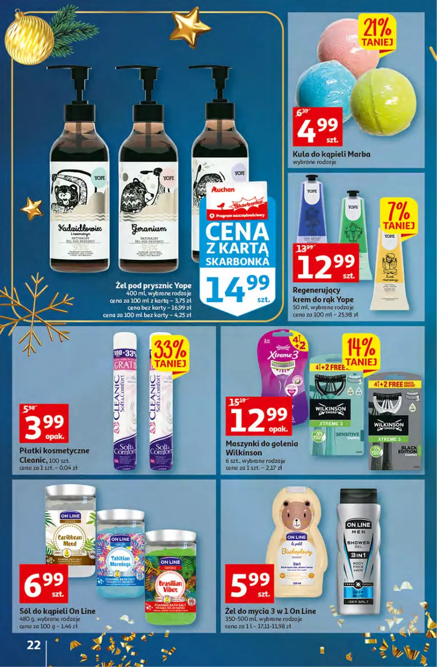 Gazetka promocyjna Auchan - Gazetka Koszyk Oszczędności Auchan Hipermarkety - ważna 10.11 do 16.11.2022 - strona 22 - produkty: Cleanic, Krem do rąk, Kula do kąpieli, Płatki kosmetyczne, Sól, Sól do kąpieli, Yope