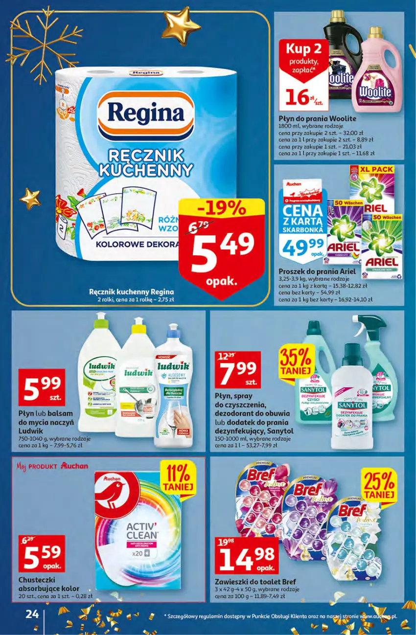 Gazetka promocyjna Auchan - Gazetka Koszyk Oszczędności Auchan Hipermarkety - ważna 10.11 do 16.11.2022 - strona 24 - produkty: Ariel, Balsam do mycia naczyń, Bref, Chusteczki, Dezodorant, Do mycia naczyń, Gin, Ludwik, Płyn do prania, Proszek do prania, Ręcznik, Ręcznik kuchenny, Rolki, Sanytol, Spray do czyszczenia, Woolite, Zawieszki