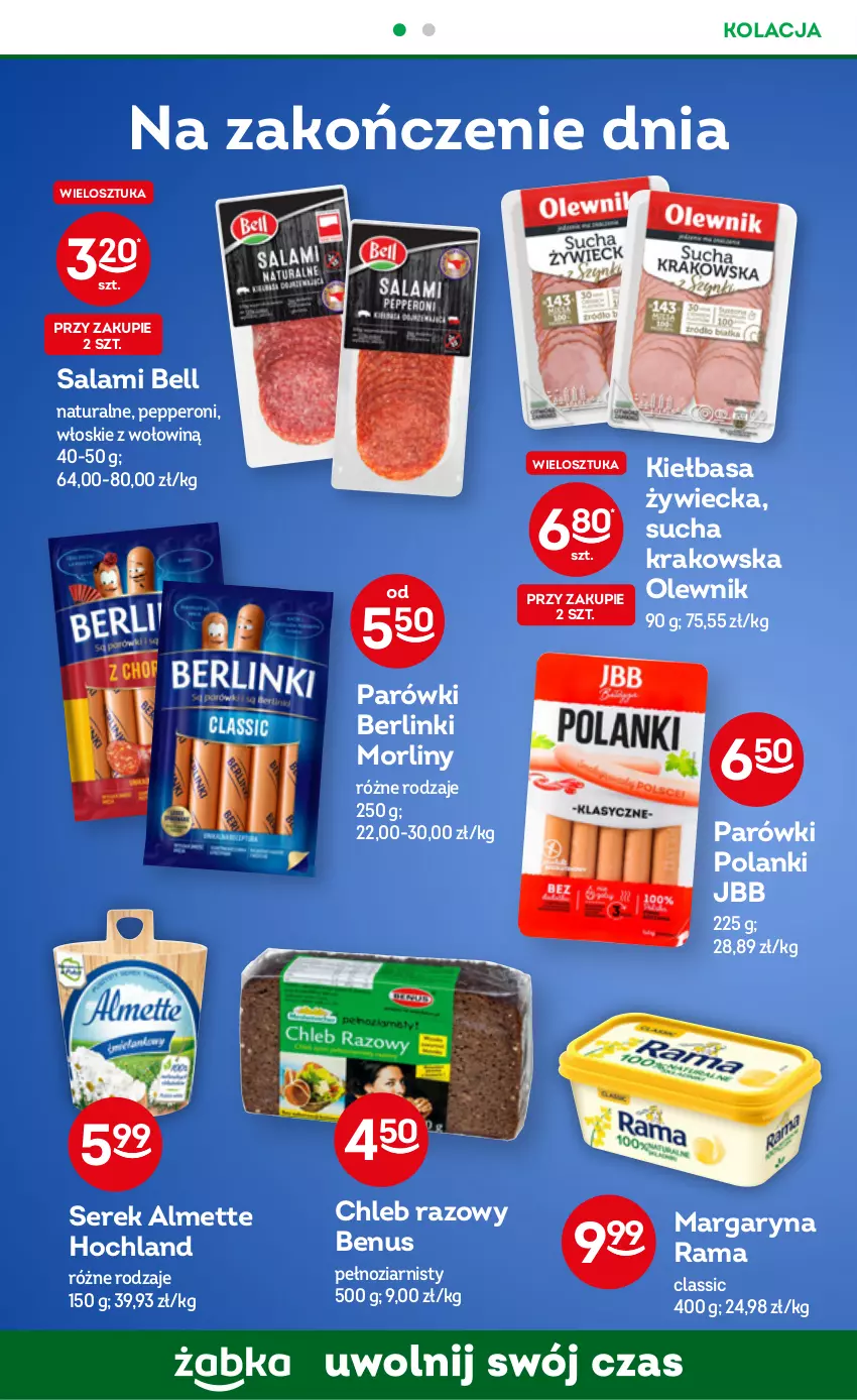 Gazetka promocyjna Żabka - ważna 09.11 do 15.11.2022 - strona 36 - produkty: Almette, Bell, Berlinki, Chleb, Hochland, Kiełbasa, Lanki, Margaryna, Morliny, Olewnik, Parówki, Rama, Salami, Ser, Serek