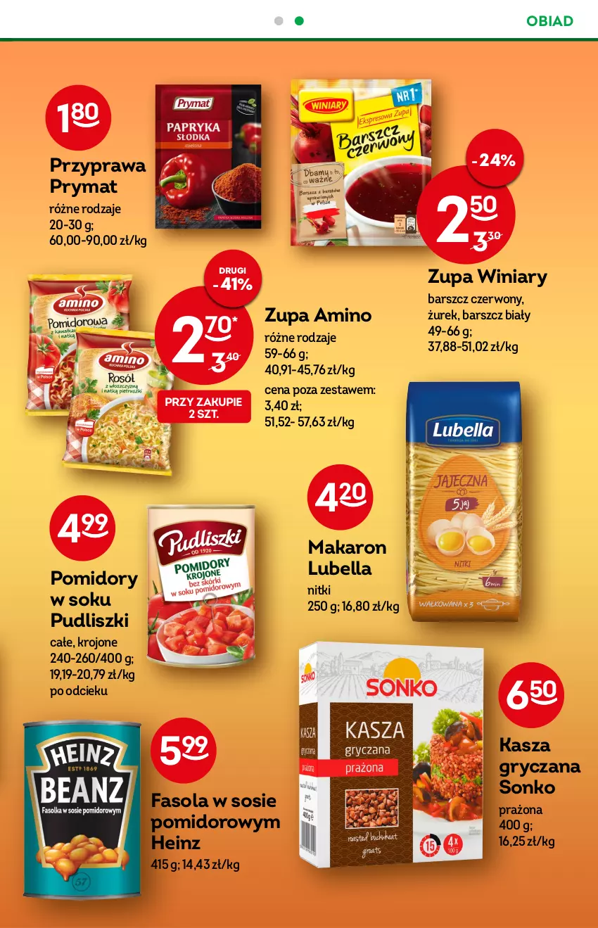 Gazetka promocyjna Żabka - ważna 14.09 do 20.09.2022 - strona 35 - produkty: Bell, Bella, Fa, Fasola, Gry, Heinz, Kasza, Kasza gryczana, Lubella, Makaron, Pomidory, Prymat, Pudliszki, Sok, Sonko, Sos, Winiary, Zupa