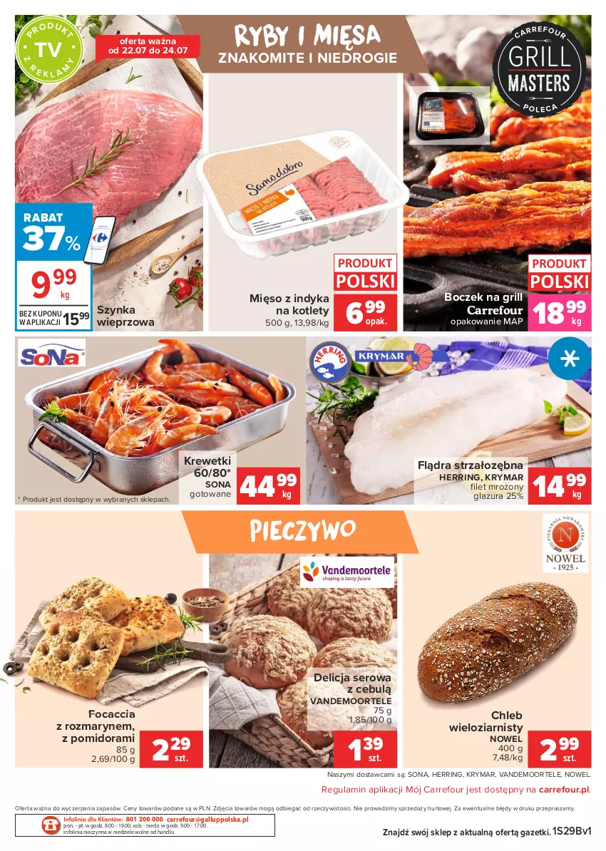 Gazetka promocyjna Carrefour - Gazetka Targ Świeżości - ważna 19.07 do 26.07.2021 - strona 2 - produkty: Boczek, Chleb, Chleb wieloziarnisty, Delicja serowa, Focaccia, Glazura, Grill, Kotlet, Krewetki, Lazur, Mięso, Mięso z indyka, Piec, Pieczywo, Ser, Szynka