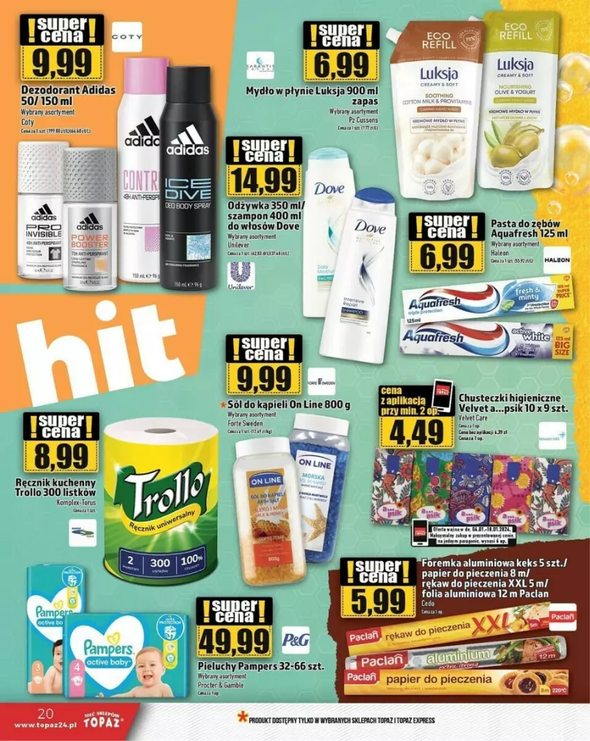 Gazetka promocyjna Topaz - ważna 24.01.2024 do 10.01.2025 - strona 13 - produkty: Adidas, Aquafresh, Chusteczki, Deser, Dove, Folia aluminiowa, K2, Leon, LG, Luksja, Mydło, Odżywka, Pampers, Papier, Papier do pieczenia, Pasta do zębów, Piec, Ręcznik, Ręcznik kuchenny, Rękaw do pieczenia, Ser, Szampon, Top, Tusz, Velvet