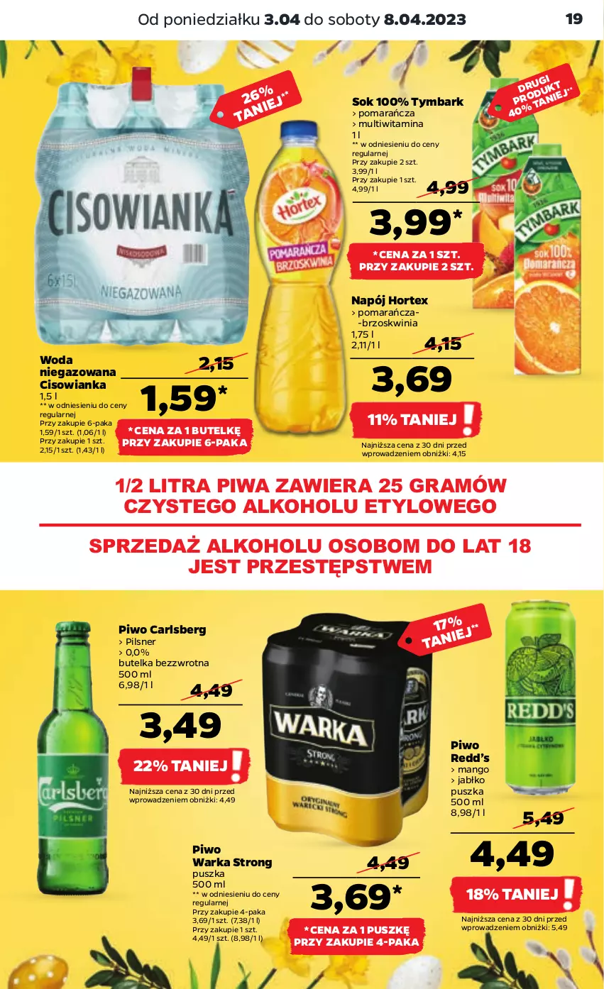 Gazetka promocyjna Netto - Artykuły spożywcze - ważna 03.04 do 08.04.2023 - strona 19 - produkty: Carlsberg, Cisowianka, Gra, Hortex, Mango, Napój, Piwa, Piwo, Sok, Tymbark, Warka, Woda, Woda niegazowana