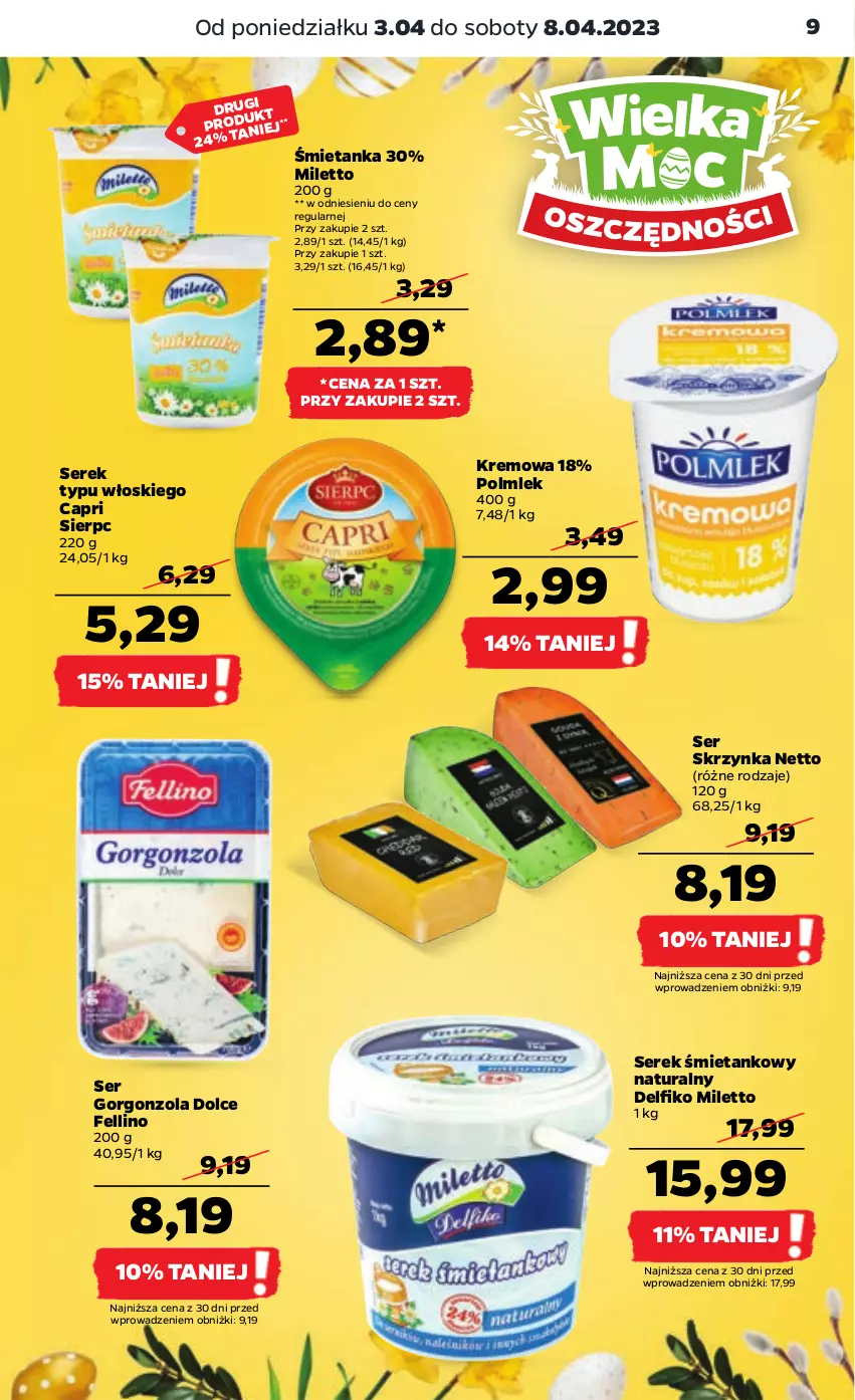 Gazetka promocyjna Netto - Artykuły spożywcze - ważna 03.04 do 08.04.2023 - strona 9 - produkty: Gorgonzola, POLMLEK, Ser, Serek