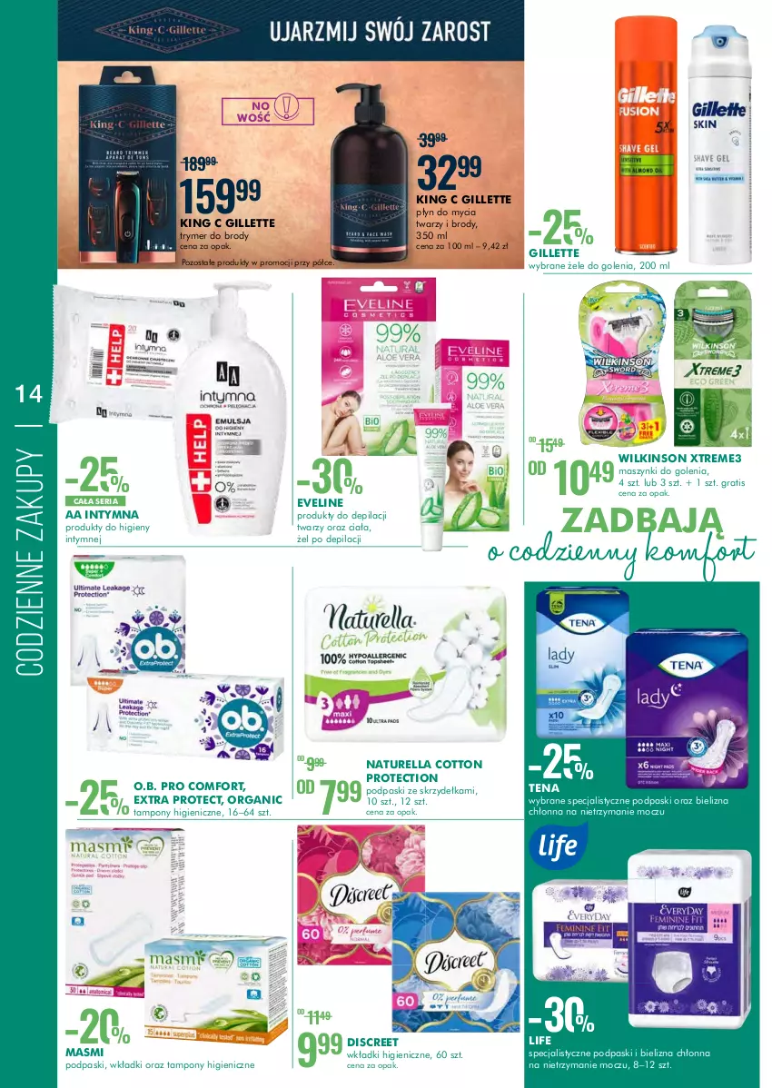 Gazetka promocyjna Super Pharm - Gazetka - ważna 15.09 do 28.09.2022 - strona 14 - produkty: Bielizna, Discreet, Eveline, Gillette, Gra, Naturell, Naturella, O.B., Płyn do mycia, Podpaski, Podpaski ze skrzydełkami, Ser, Tampony, Wkładki