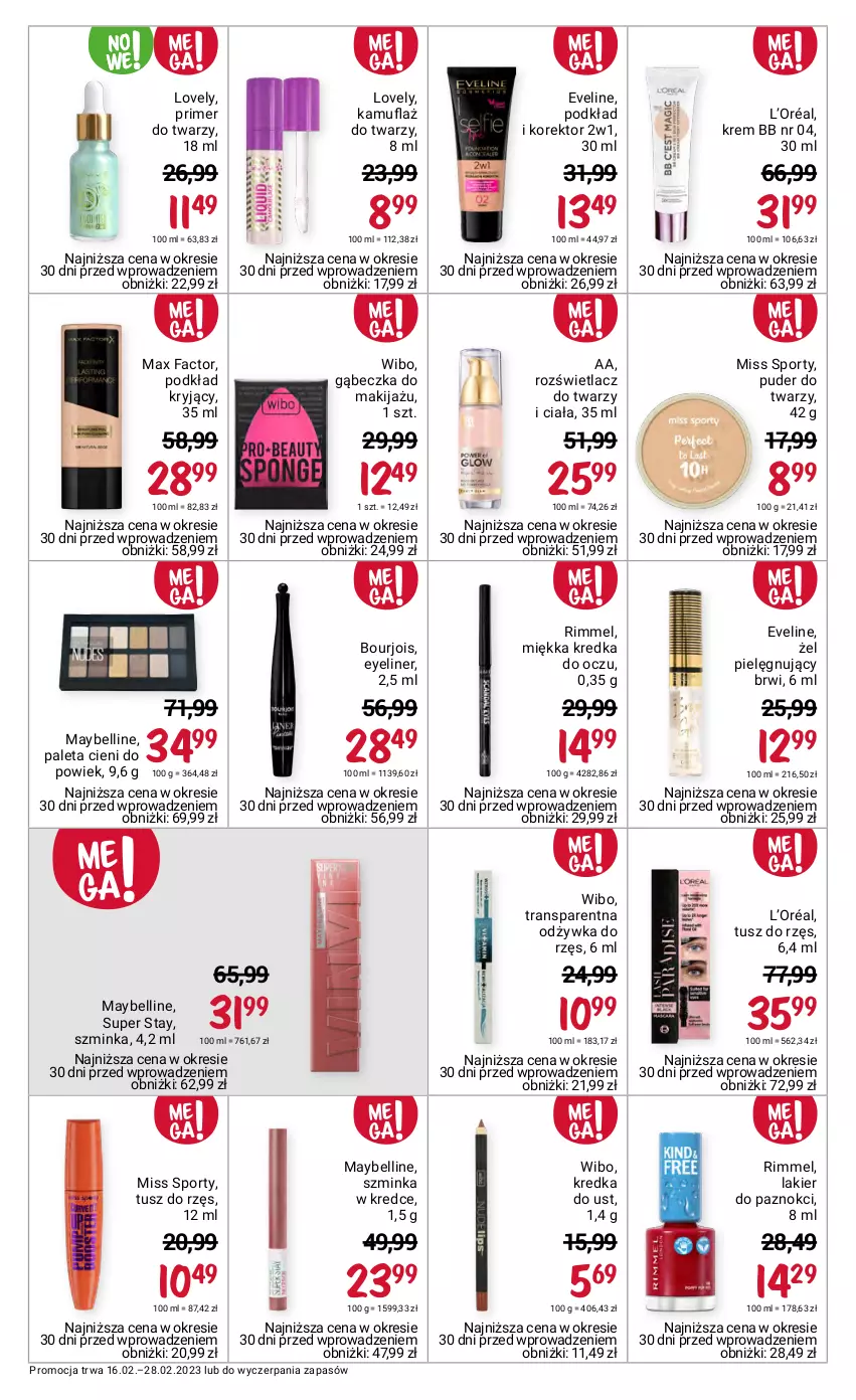 Gazetka promocyjna Rossmann - 16 lutego - ważna 16.02 do 28.02.2023 - strona 10 - produkty: Bell, Bourjois, Eveline, Fa, Inka, Kredka, Krem bb, L’Oréal, Lakier, Lakier do paznokci, Lovely, Makijaż, Max Factor, Maybelline, Miss Sporty, Odżywka, Paleta, Podkład, Por, Puder, Puder do twarzy, Rozświetlacz, Sport, Szminka, Tran, Tusz, Wibo