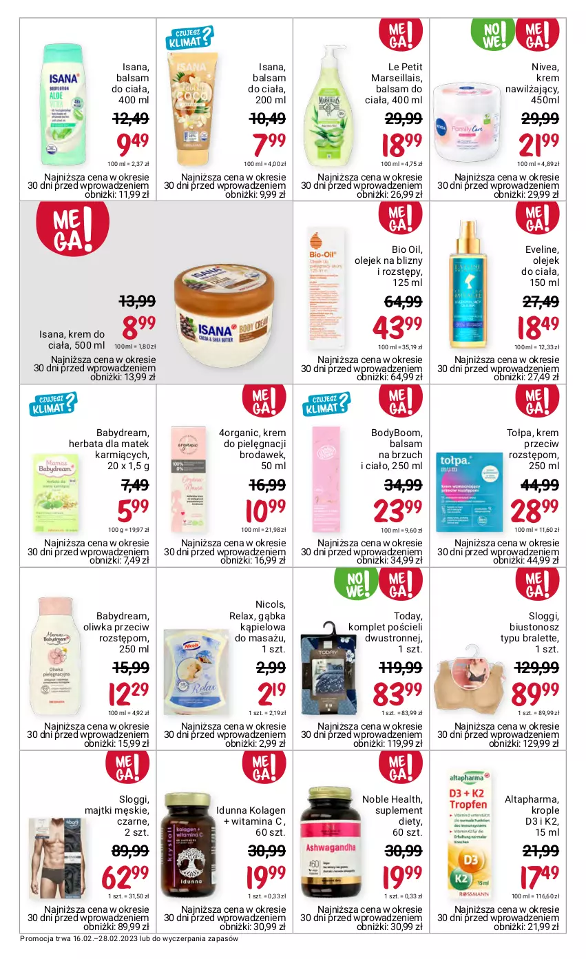 Gazetka promocyjna Rossmann - 16 lutego - ważna 16.02 do 28.02.2023 - strona 14 - produkty: Babydream, Balsam do ciała, Biustonosz, Body, Eveline, Herbata, Isana, K2, Karmi, Kolagen, Komplet pościeli, Krem do ciała, Krem nawilżający, Majtki, Mars, Nicols, Nivea, Olej, Olejek do ciała, Pościel, Suplement diety, Tołpa