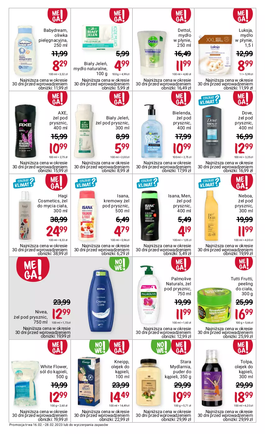 Gazetka promocyjna Rossmann - 16 lutego - ważna 16.02 do 28.02.2023 - strona 5 - produkty: Babydream, Biały Jeleń, Bielenda, Dettol, Dove, Isana, Kneipp, Luksja, Mydło, Mydło w płynie, Nivea, Olej, Palmolive, Peeling, Puder, Puder do kąpieli, Sól, Sól do kąpieli, Tołpa