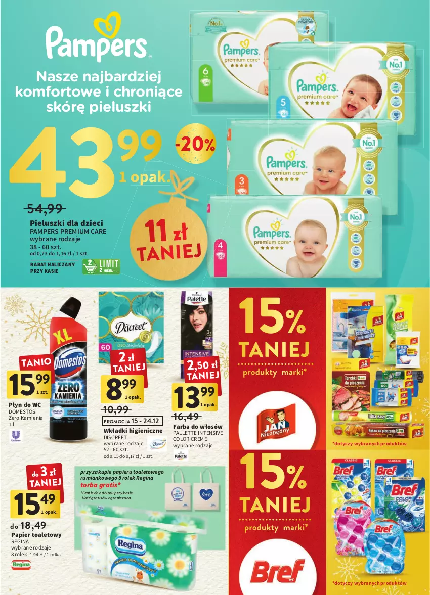 Gazetka promocyjna Intermarche - Gazetka Intermarche - ważna 15.12 do 19.12.2022 - strona 43 - produkty: Color Creme, Discreet, Domestos, Dzieci, Fa, Farba do włosów, Gin, Gra, Pampers, Papier, Papier toaletowy, Płyn do wc, Rum, Torba, Wkładki