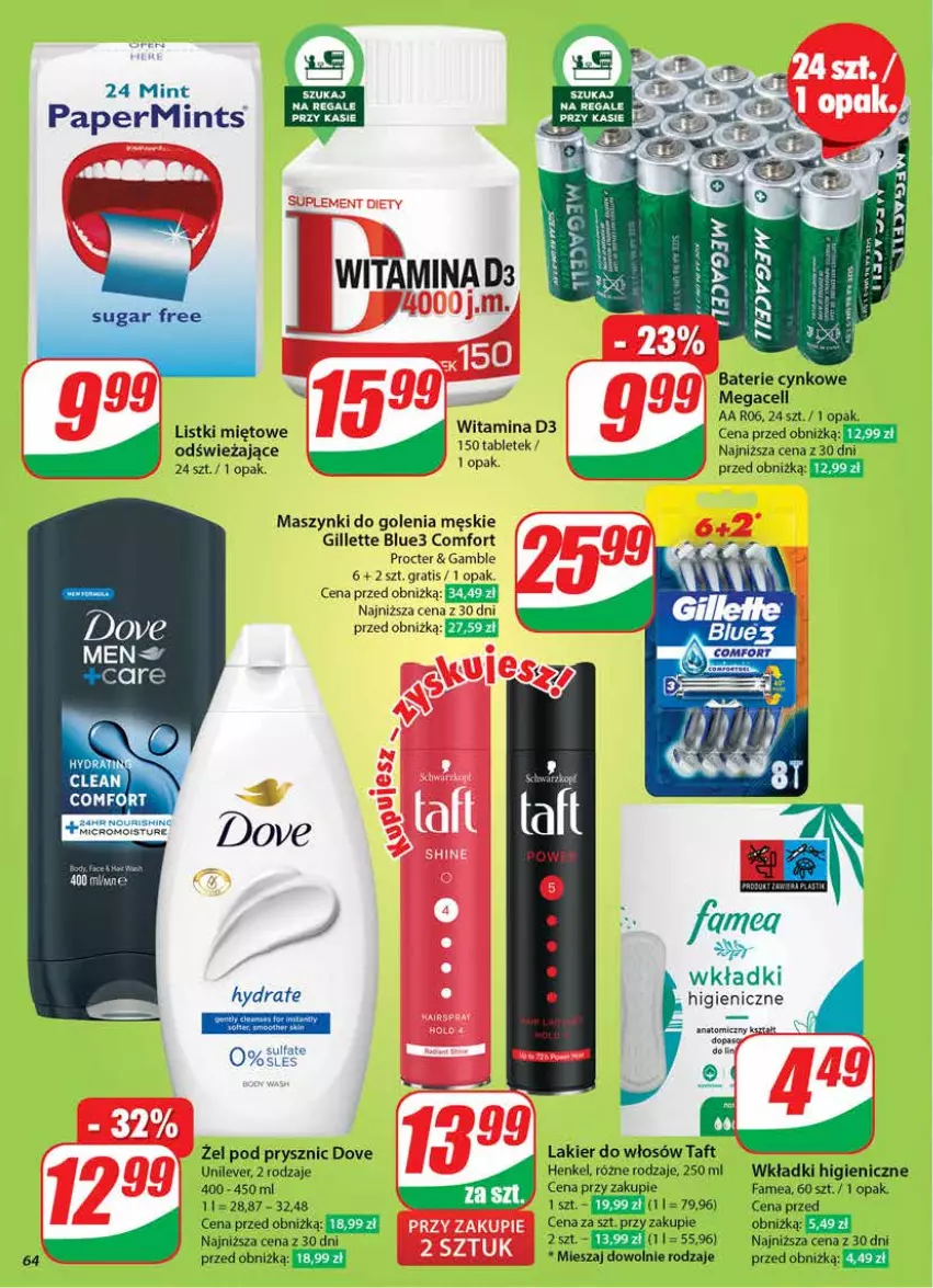 Gazetka promocyjna Dino - Gazetka 44 / 2024 - ważna 30.10 do 05.11.2024 - strona 64 - produkty: Cynk, Dove, Fa, Gillette, Gra, Lakier, Lakier do włosów, Tablet, Taft, Wkładki