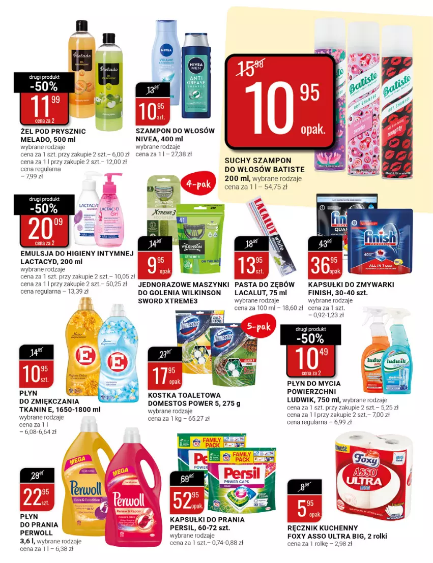 Gazetka promocyjna Bi1 - Kolorowe Przygotowania - ważna 20.07 do 26.07.2022 - strona 19 - produkty: Batiste, Domestos, Emulsja, Finish, Foxy, Kapsułki do prania, Lacalut, Lactacyd, Ludwik, Nivea, Pasta do zębów, Persil, Perwoll, Płyn do mycia, Płyn do prania, Ręcznik, Ręcznik kuchenny, Rolki, Szampon, Wilkinson Sword, Zmywarki