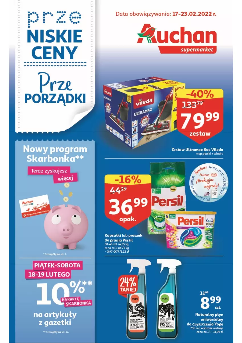 Gazetka promocyjna Auchan - przeNISKIE CENY prze porządki supermarkety - ważna 17.02 do 23.02.2022 - strona 1 - produkty: Klej, Mop, Persil, Por, Proszek do prania, Rama, Tera, Vileda, Wiadro, Yope