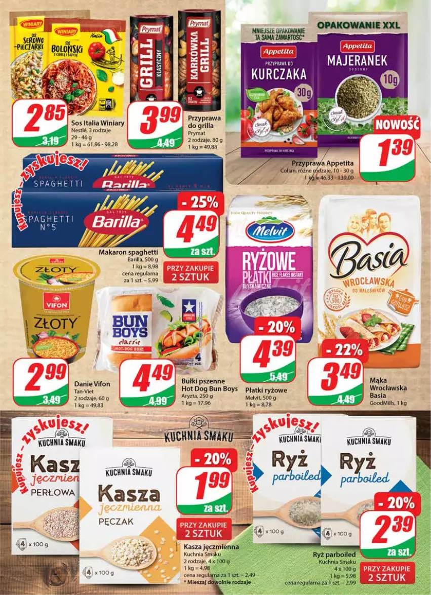 Gazetka promocyjna Dino - Gazetka 18 - ważna 04.05 do 09.05.2023 - strona 7 - produkty: Barilla, Basia, Grill, Hot dog, Kasza, Kuchnia, Kurczak, Mąka, Makaron, Melvit, Prymat, Ryż, Sos, Spaghetti, Winiary