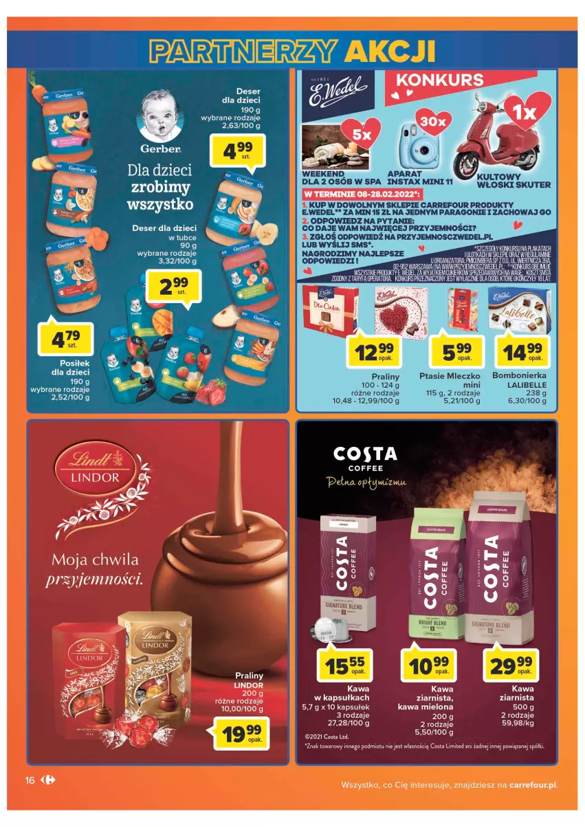 Gazetka promocyjna Carrefour - Gazetka Carrefour - ważna 08.02 do 28.02.2022 - strona 16 - produkty: Bell, Deser, Dzieci, E. Wedel, Gerber, Kawa, Kawa mielona, LANA, Lindor, Mleczko, Praliny, Ptasie mleczko, Ser