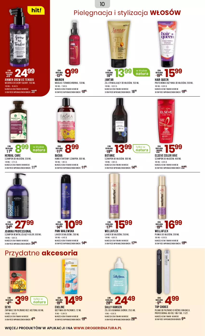 Gazetka promocyjna Drogerie Natura - Gazetka Drogerie Natura - ważna 05.06 do 22.06.2025 - strona 10 - produkty: Elseve, Eveline, Gra, Joanna, Lakier, Lakier do włosów, Odżywka, Pianka do włosów, Pilnik, Sally Hansen, Szampon, Top, Wella, Wellaflex, Zmywacz do paznokci