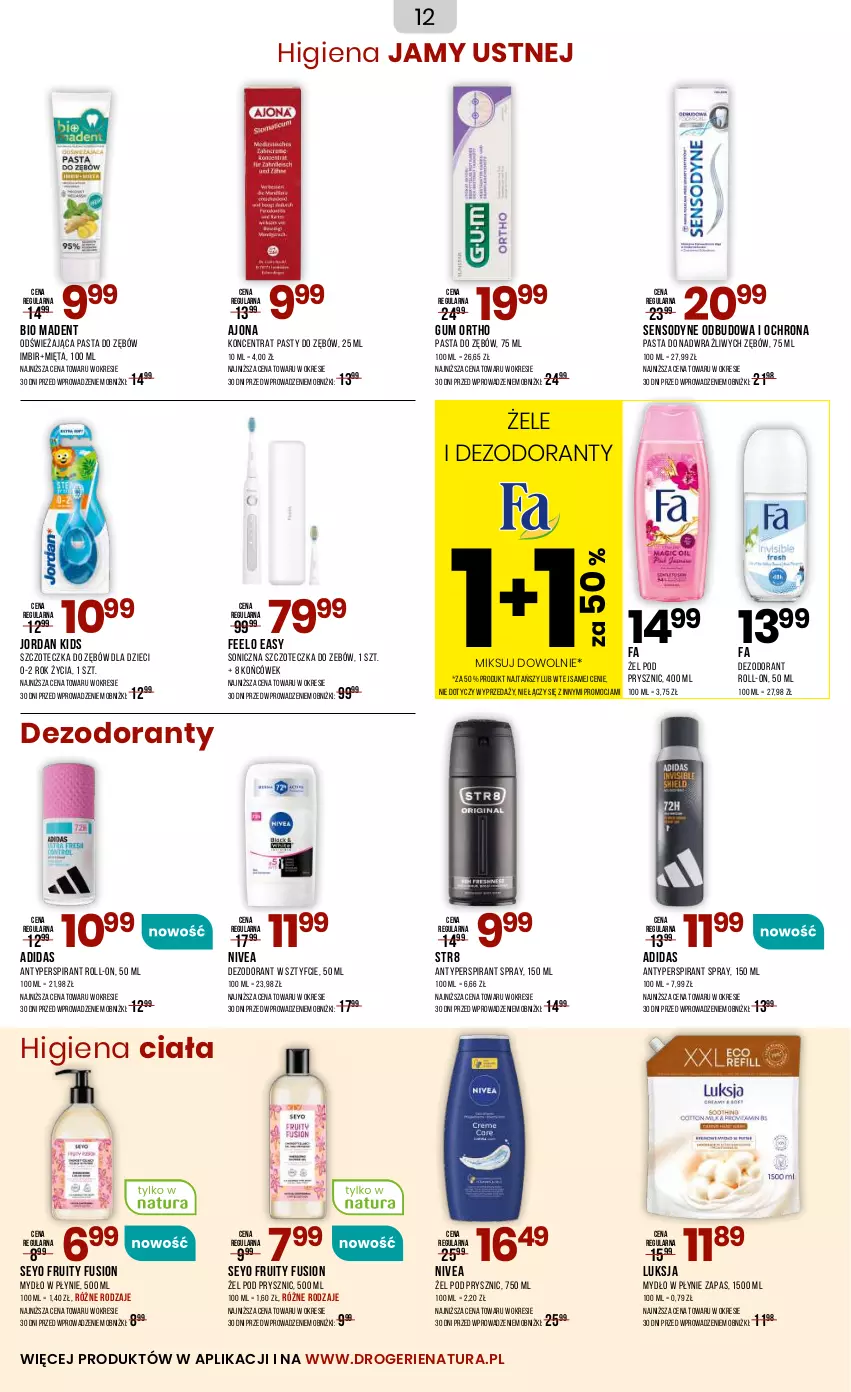 Gazetka promocyjna Drogerie Natura - Gazetka Drogerie Natura - ważna 05.06 do 22.06.2025 - strona 12 - produkty: Adidas, Antyperspirant, Dezodorant, Dzieci, Fa, Fusion, Higiena jamy ustnej, Imbir, Luksja, Mięta, Mydło, Mydło w płynie, Nivea, Pasta do zębów, Sensodyne, Str8, Szczoteczka, Szczoteczka do zębów