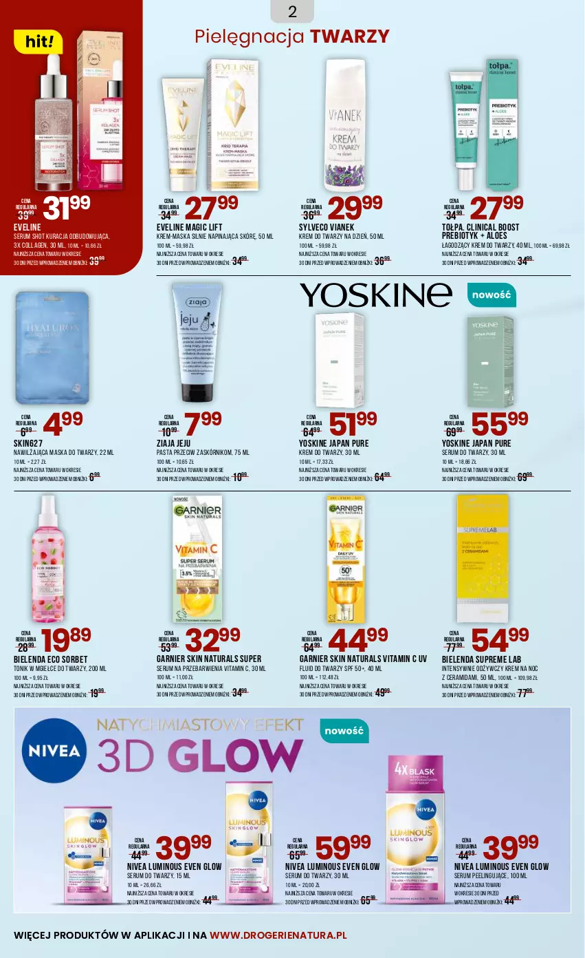Gazetka promocyjna Drogerie Natura - Gazetka Drogerie Natura - ważna 05.06 do 22.06.2025 - strona 2 - produkty: Bielenda, Clin, Eveline, Garnier, Krem do twarzy, Krem na noc, Maska, Maska do twarzy, Nivea, Peeling, Pur, Rum, Ser, Serum, Serum do twarzy, Tołpa, Tonik, Yoskine, Ziaja