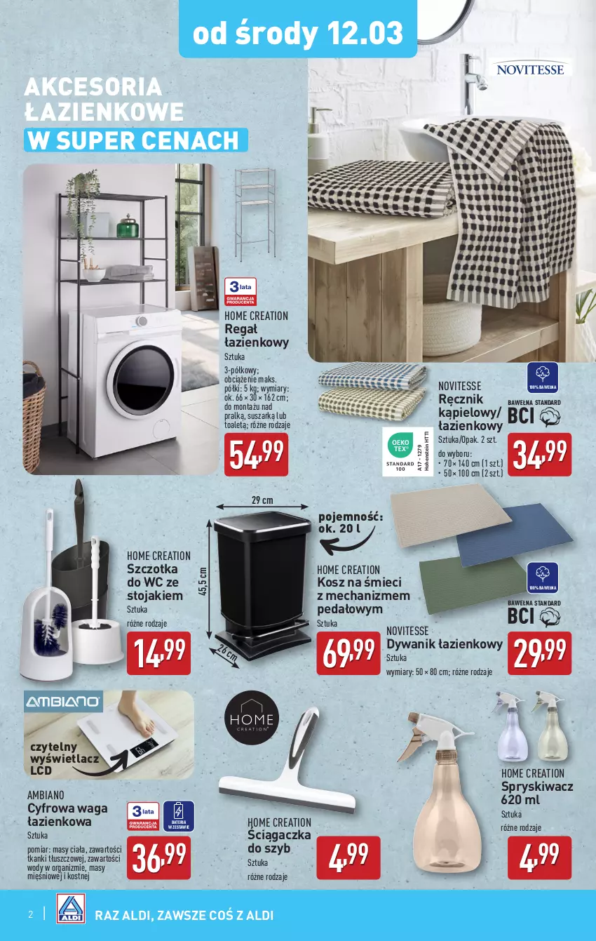 Gazetka promocyjna Aldi - Artykuły przemysłowe i tekstylia - ważna 12.03 do 15.03.2025 - strona 2 - produkty: Bateria, Dywan, Dywanik, Dywanik łazienkowy, Kosz, Ręcznik, Ręcznik kąpielowy, Regał, Stojak, Szczotka, Szczotka do WC, Waga, Waga łazienkowa, Wełna