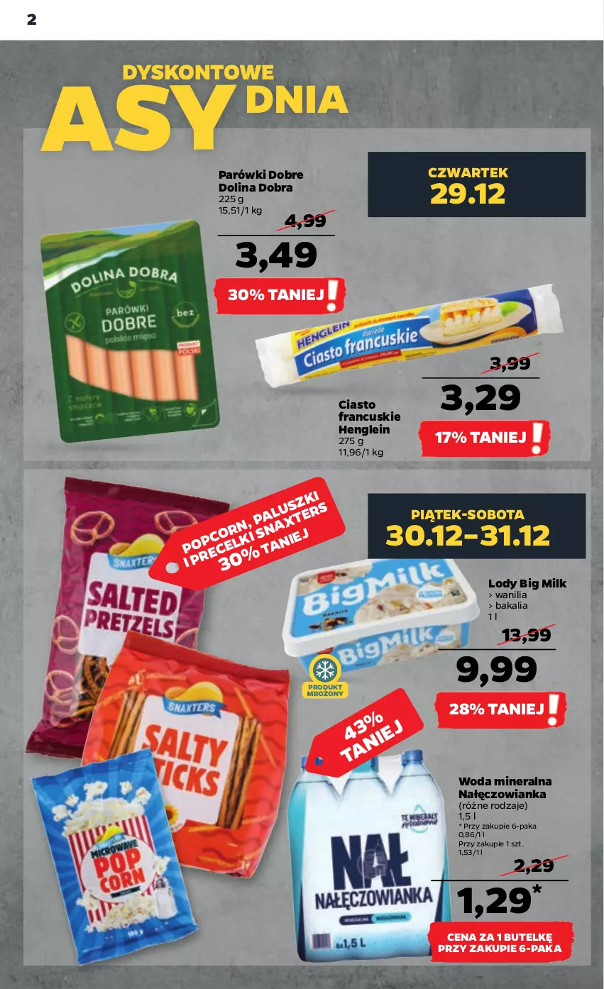 Gazetka promocyjna Netto - Artykuły spożywcze - ważna 29.12.2022 do 04.01.2023 - strona 2 - produkty: Big Milk, Ciasto francuskie, Lody, Nałęczowianka, Parówki, Woda, Woda mineralna